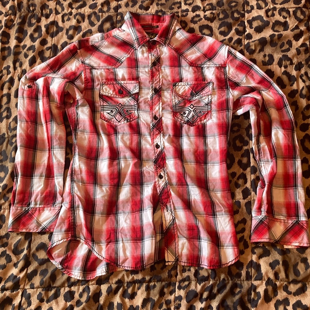 Y2K AFFLICTION STYLE HELIX BRAND GOTH EMO TRIBAL TYPE BUTTON UP